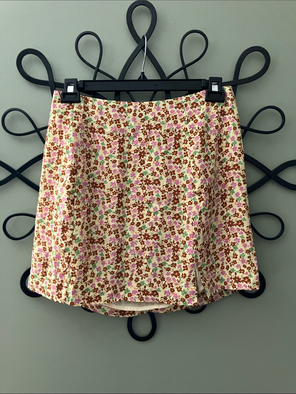 Floral Cream Mini Skirt with Pink & Brown Print